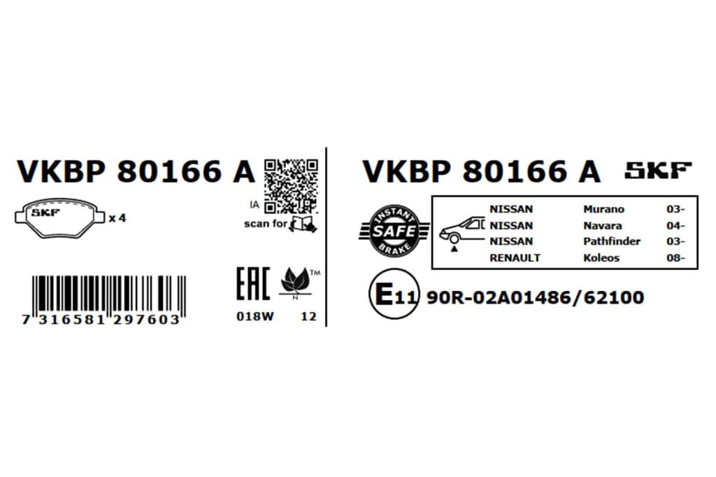 Jogo de 4 pastilhas de travão SKF ref. VKBP 80166 A